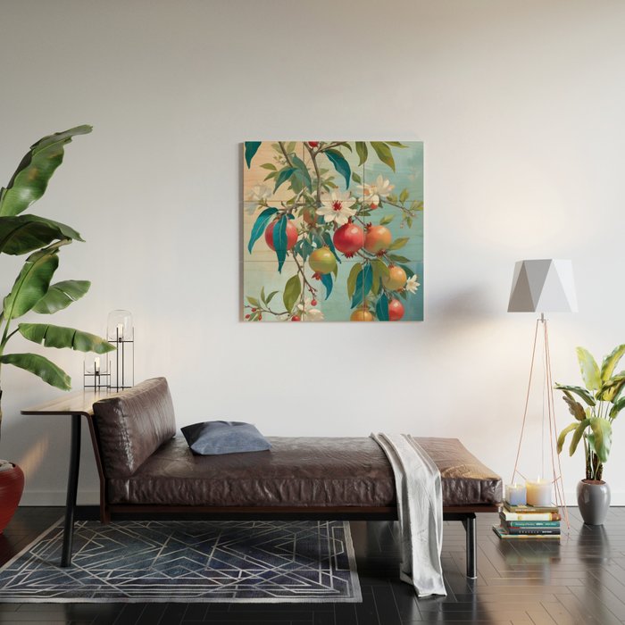 Pomegranate Sweetness, Botanical Vintage Illustration, Jungle Forest Plants Fruits, Food Blossom Garden Painting Wood Wall Art Gallery Image 2