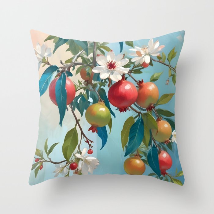 Pomegranate Sweetness, Botanical Vintage Illustration, Jungle Forest Plants Fruits, Food Blossom Garden Painting Throw Pillow Gallery Image 6