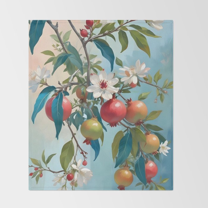 Pomegranate Sweetness, Botanical Vintage Illustration, Jungle Forest Plants Fruits, Food Blossom Garden Painting Throw Blanket Gallery Image 2