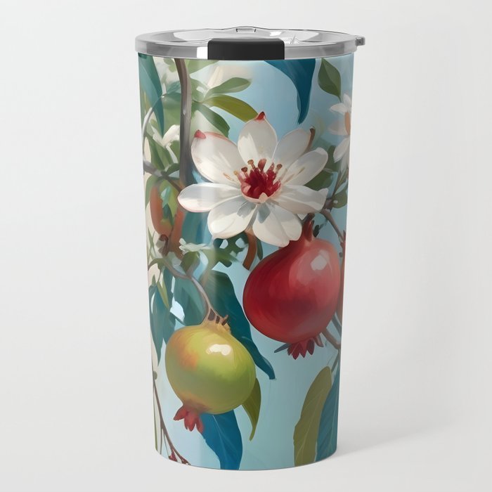 Pomegranate Sweetness, Botanical Vintage Illustration, Jungle Forest Plants Fruits, Food Blossom Garden Painting Travel Mug Gallery Image 1