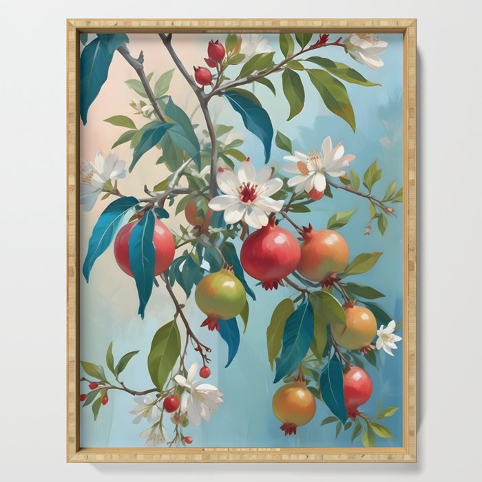 Pomegranate Sweetness, Botanical Vintage Illustration, Jungle Forest Plants Fruits, Food Blossom Garden Painting Serving Tray Gallery Image 1