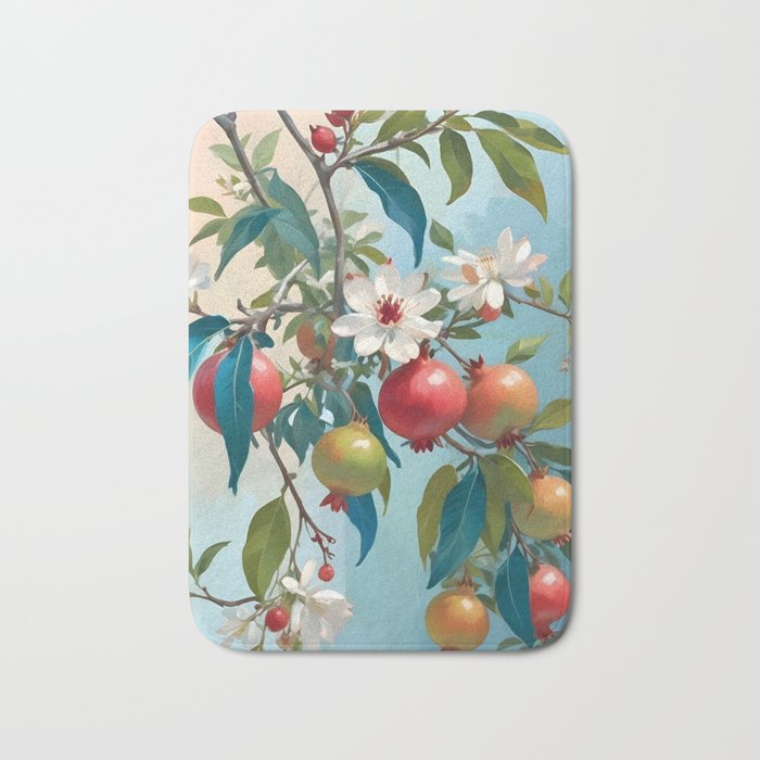 Pomegranate Sweetness, Botanical Vintage Illustration, Jungle Forest Plants Fruits, Food Blossom Garden Painting Bath Mat Gallery Image 1