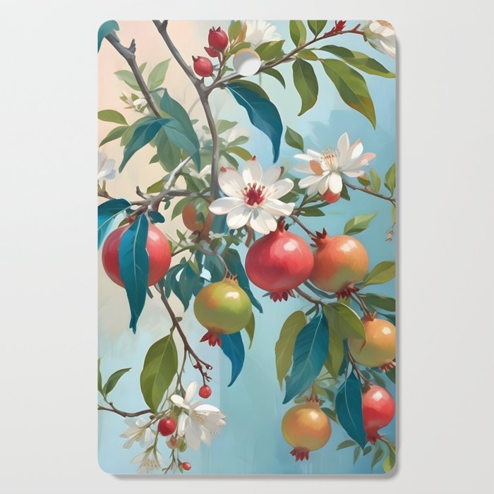 Pomegranate Sweetness, Botanical Vintage Illustration, Jungle Forest Plants Fruits, Food Blossom Garden Painting Cutting Board Gallery Image 1