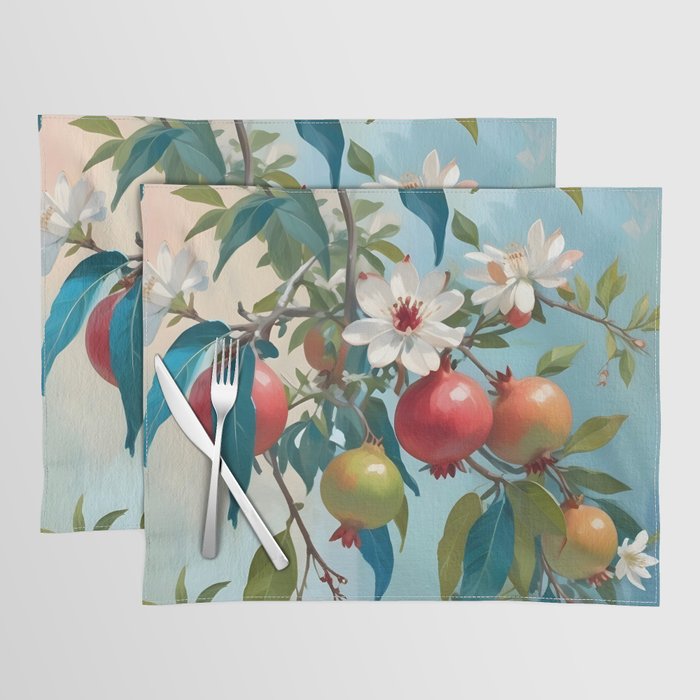 Pomegranate Sweetness, Botanical Vintage Illustration, Jungle Forest Plants Fruits, Food Blossom Garden Painting Placemat Gallery Image 1