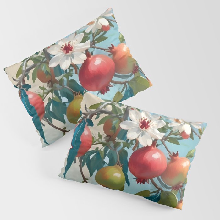 Pomegranate Sweetness, Botanical Vintage Illustration, Jungle Forest Plants Fruits, Food Blossom Garden Painting Pillow Sham Gallery Image 3