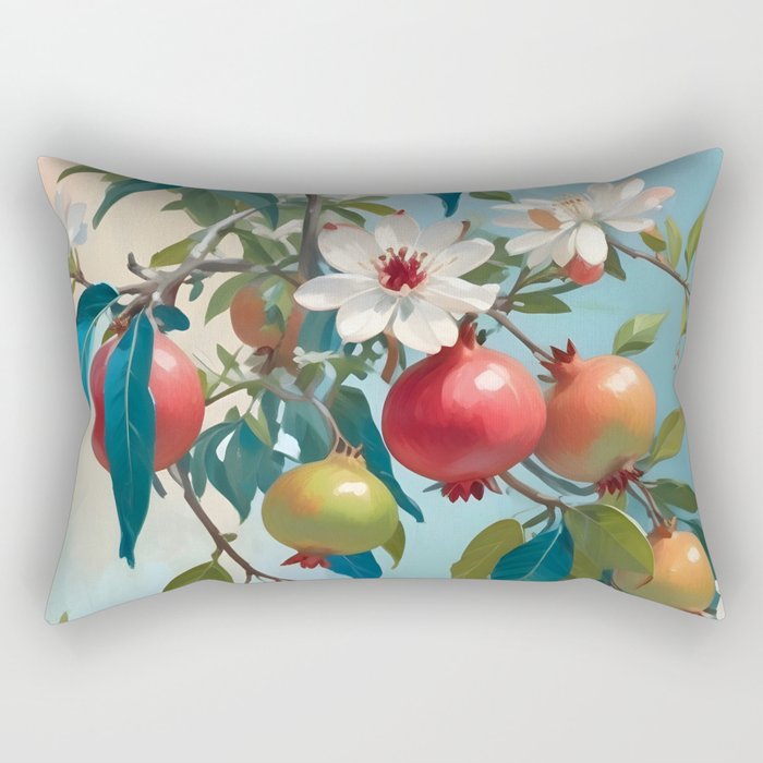 Pomegranate Sweetness, Botanical Vintage Illustration, Jungle Forest Plants Fruits, Food Blossom Garden Painting Rectangular Pillow Gallery Image 2