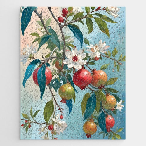 Pomegranate Sweetness, Botanical Vintage Illustration, Jungle Forest Plants Fruits, Food Blossom Garden Painting Jigsaw Puzzle Gallery Image 1