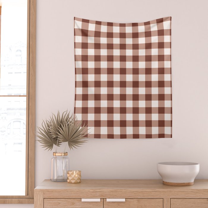 Coffee Brown & Cream Gingham Pattern Wall Tapestry Gallery Image 2