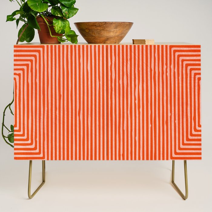 Orange Geometric Drawing Digital Linocut Credenza Gallery Image 1