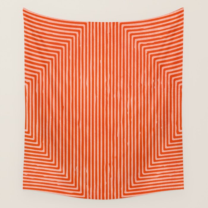 Orange Geometric Drawing Digital Linocut Wall Tapestry Gallery Image 4