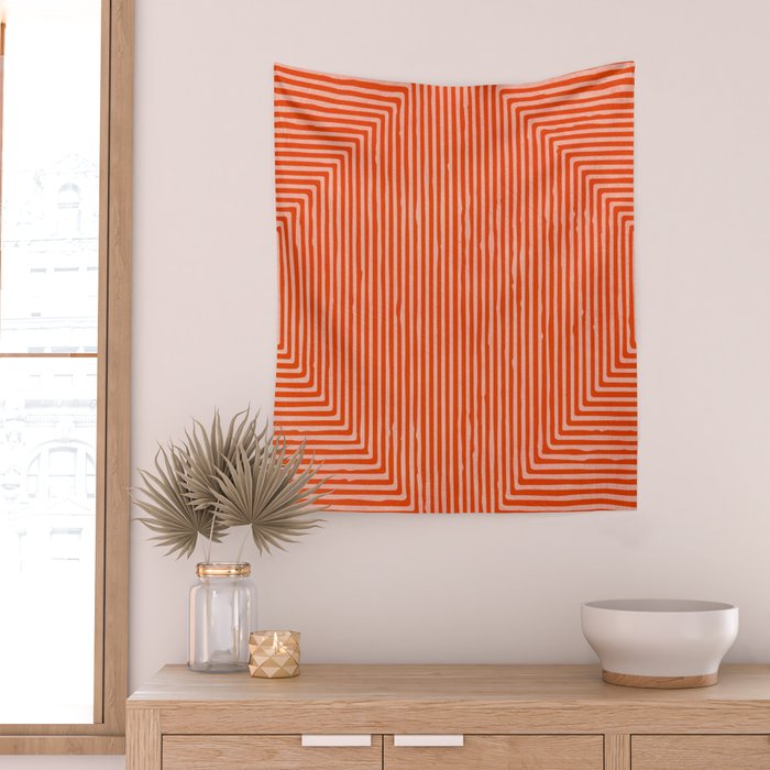 Orange Geometric Drawing Digital Linocut Wall Tapestry Gallery Image 2