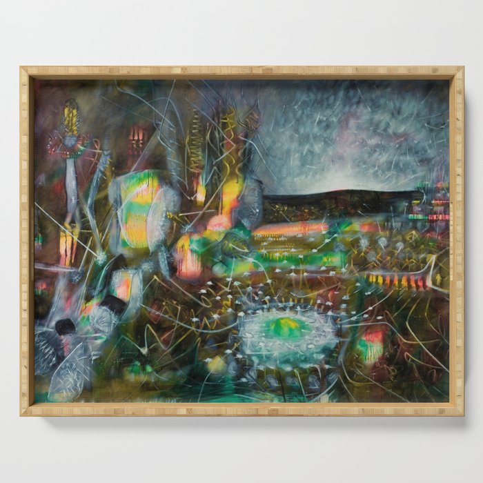 To Cover the Earth with a New Dew, Northern Lights fantastical landscape painting by Robert Matta Serving Tray Gallery Image 1