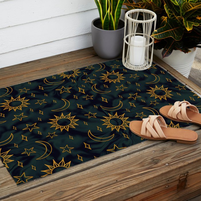 Tie Dye Moon and Star Print in Blue Outdoor Rug Gallery Image 2