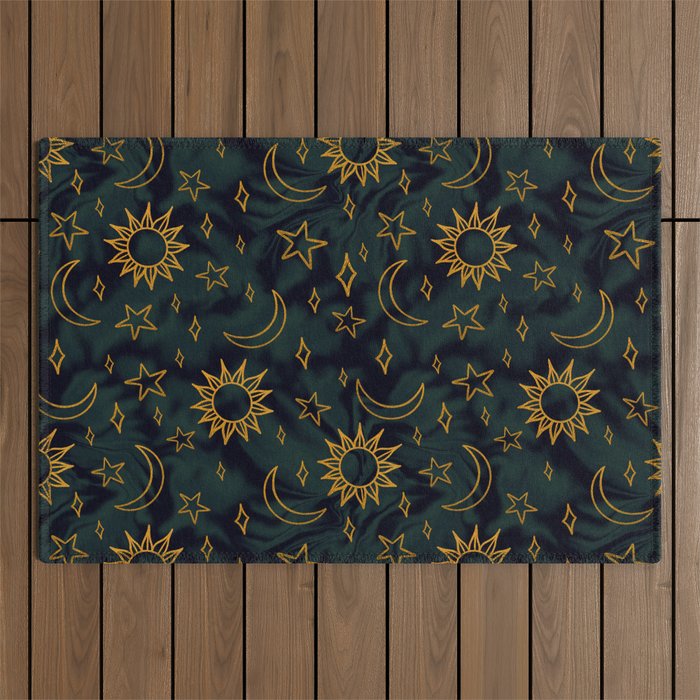 Tie Dye Moon and Star Print in Blue Outdoor Rug Gallery Image 1