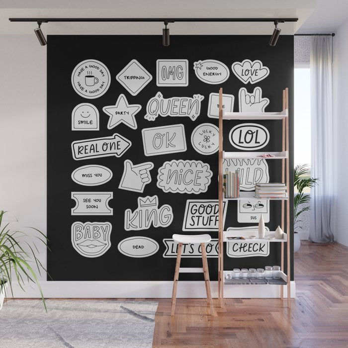 Funny black and white cartoon sticker quotes Wall Mural Gallery Image 1