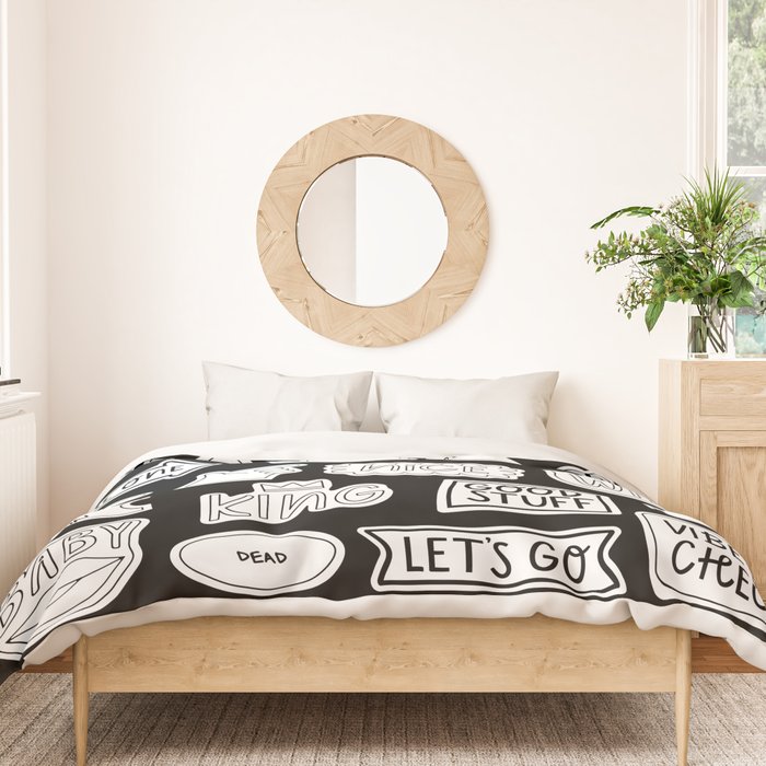 Funny black and white cartoon sticker quotes Duvet Cover Gallery Image 3