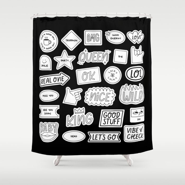 Funny black and white cartoon sticker quotes Shower Curtain Gallery Image 1