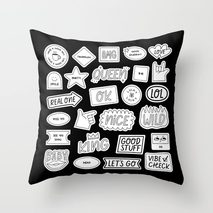 Funny black and white cartoon sticker quotes Throw Pillow Gallery Image 6