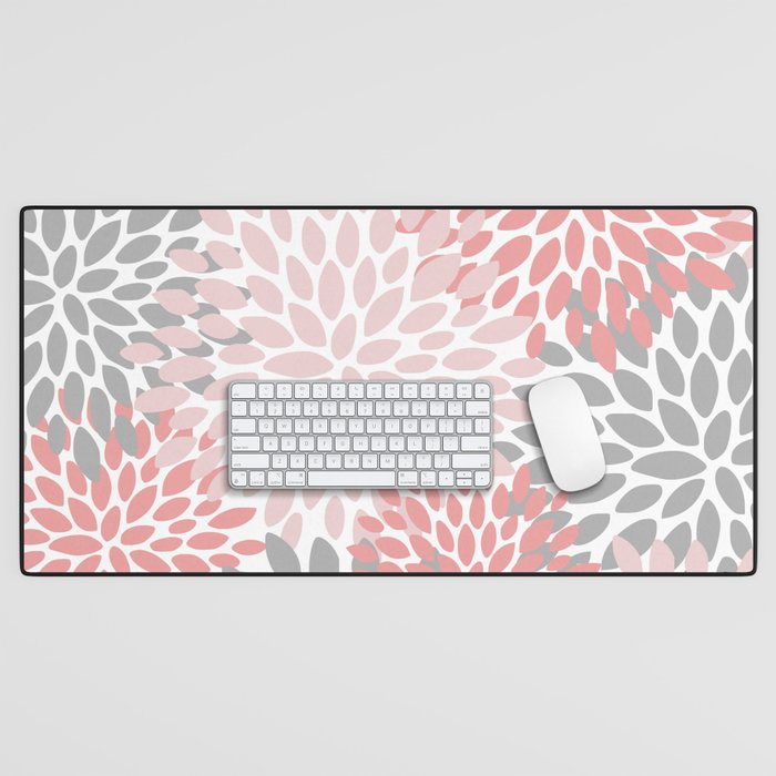 Floral Pattern, Coral Pink and Gray Desk Mat Gallery Image 1