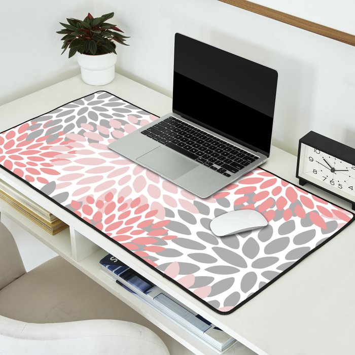 Floral Pattern, Coral Pink and Gray Desk Mat Gallery Image 2