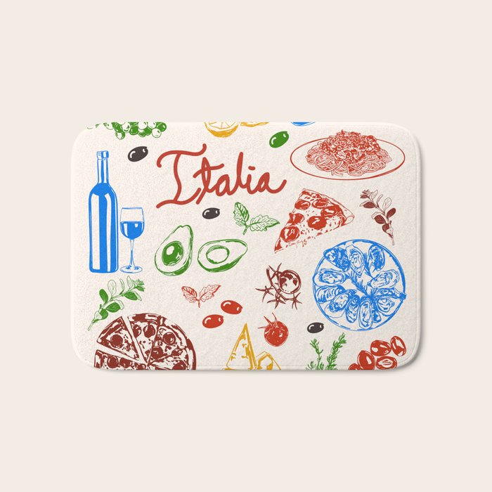Italy Food Illustration Colorful Handdrawn Mediterranean Cuisine Bath Mat Gallery Image 1