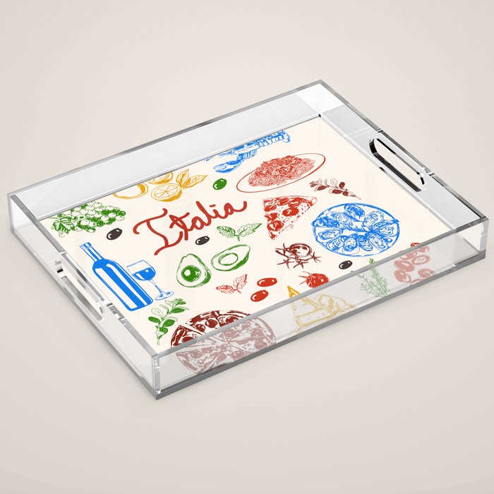 Italy Food Illustration Colorful Handdrawn Mediterranean Cuisine Acrylic Tray Gallery Image 1