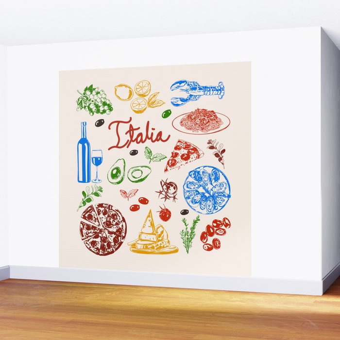 Italy Food Illustration Colorful Handdrawn Mediterranean Cuisine Wall Mural Gallery Image 2