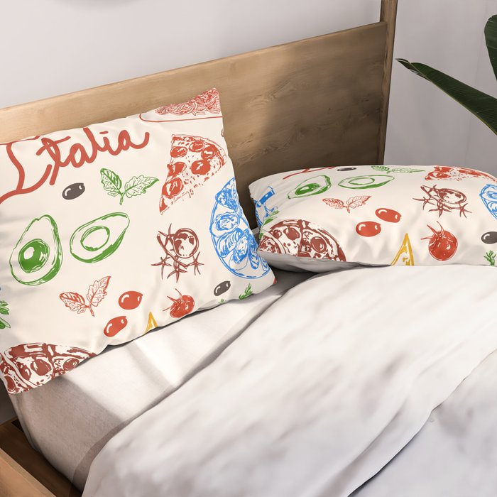 Italy Food Illustration Colorful Handdrawn Mediterranean Cuisine Pillow Sham Gallery Image 2