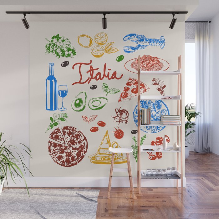 Italy Food Illustration Colorful Handdrawn Mediterranean Cuisine Wall Mural Gallery Image 1