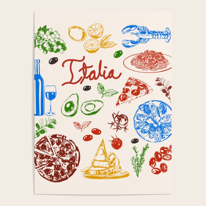 Italy Food Illustration Colorful Handdrawn Mediterranean Cuisine Poster Gallery Image 1