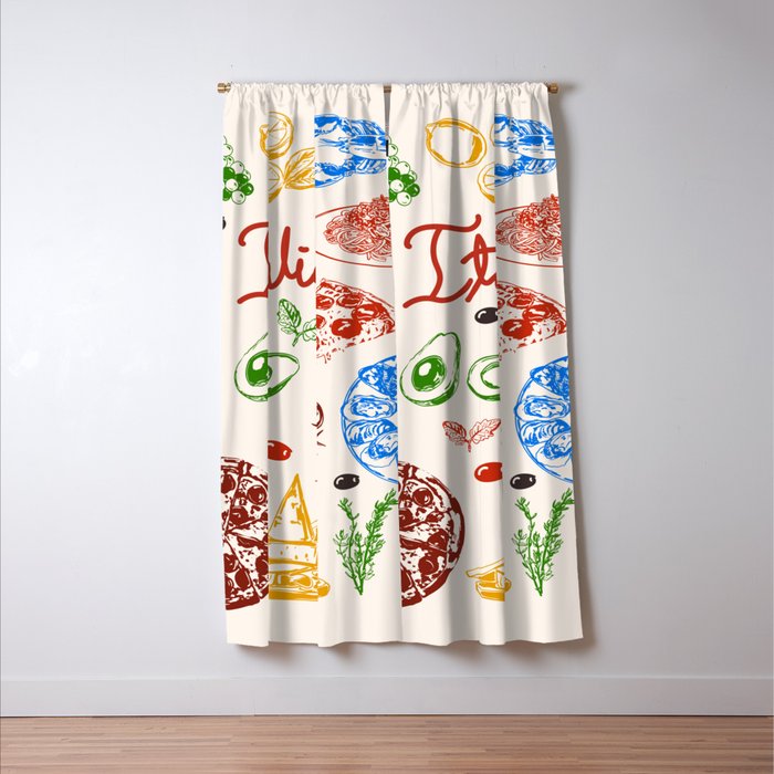 Italy Food Illustration Colorful Handdrawn Mediterranean Cuisine Window Curtain Gallery Image 3