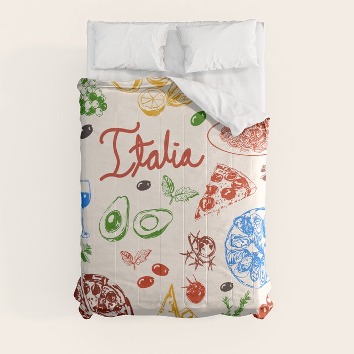 Italy Food Illustration Colorful Handdrawn Mediterranean Cuisine Comforter Gallery Image 3