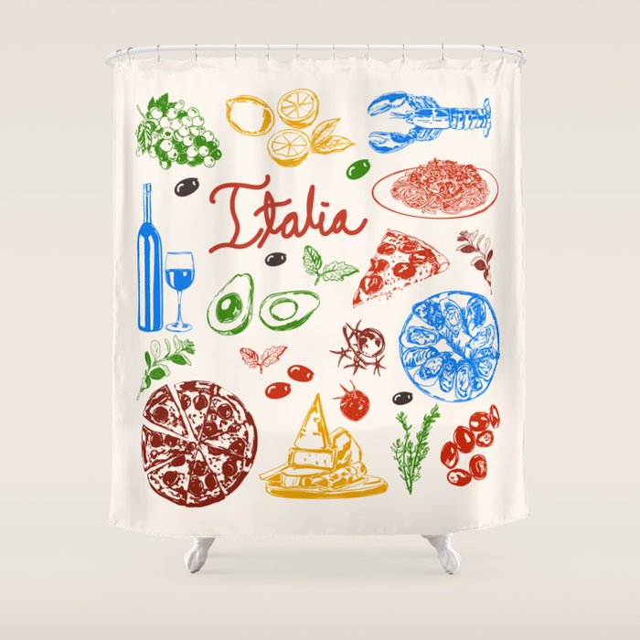 Italy Food Illustration Colorful Handdrawn Mediterranean Cuisine Shower Curtain Gallery Image 1