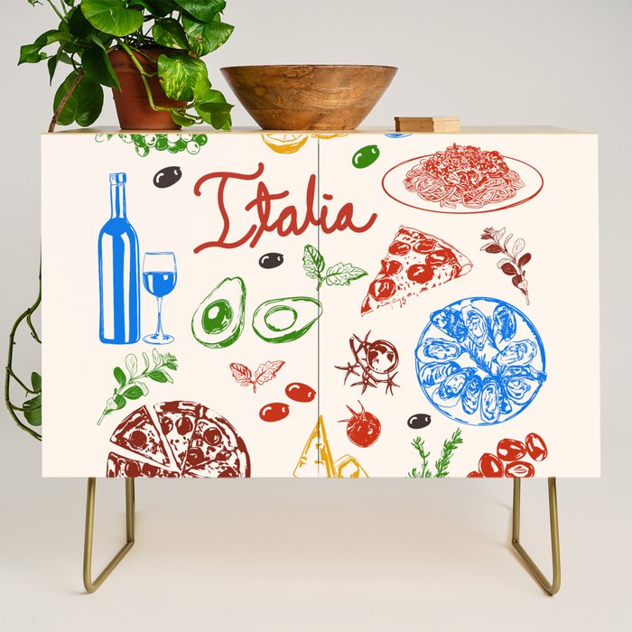 Italy Food Illustration Colorful Handdrawn Mediterranean Cuisine Credenza Gallery Image 1