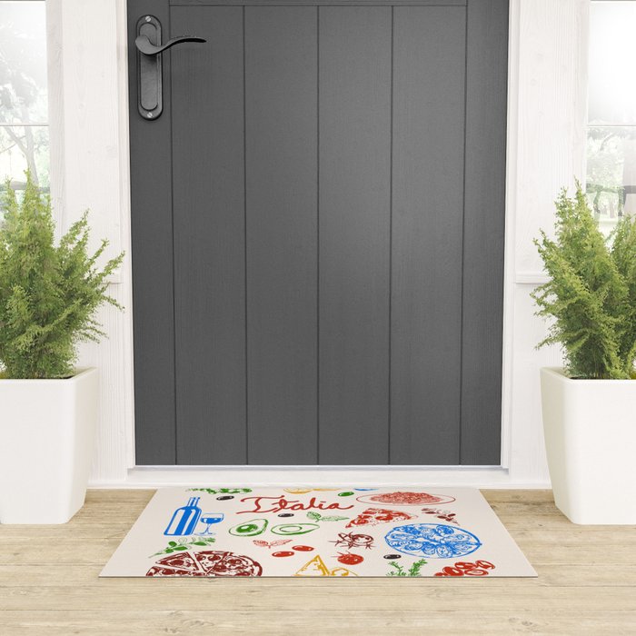 Italy Food Illustration Colorful Handdrawn Mediterranean Cuisine Welcome Mat Gallery Image 3