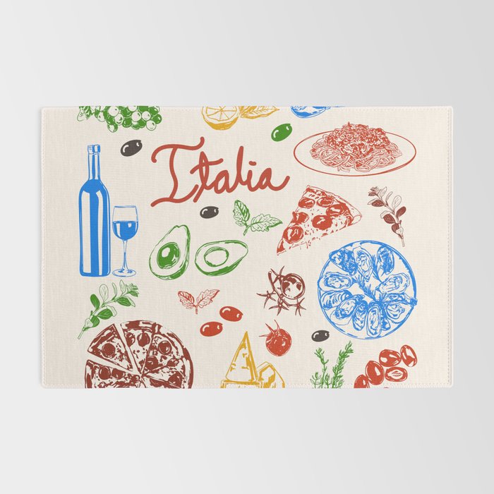 Italy Food Illustration Colorful Handdrawn Mediterranean Cuisine Rug Gallery Image 2