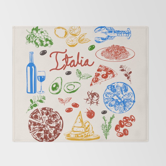 Italy Food Illustration Colorful Handdrawn Mediterranean Cuisine Throw Blanket Gallery Image 2