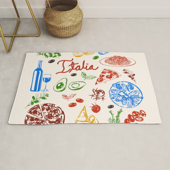 Italy Food Illustration Colorful Handdrawn Mediterranean Cuisine Rug Gallery Image 1