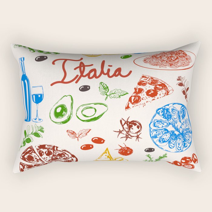 Italy Food Illustration Colorful Handdrawn Mediterranean Cuisine Rectangular Pillow Gallery Image 1