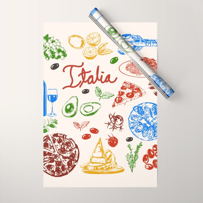 Italy Food Illustration Colorful Handdrawn Mediterranean Cuisine Wrapping Paper Gallery Image 1