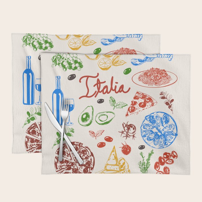Italy Food Illustration Colorful Handdrawn Mediterranean Cuisine Placemat Gallery Image 1