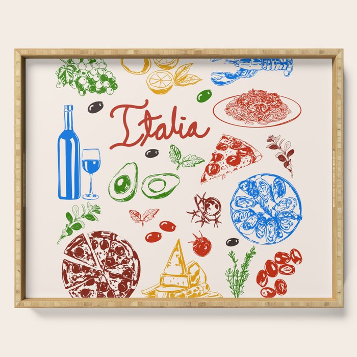 Italy Food Illustration Colorful Handdrawn Mediterranean Cuisine Serving Tray Gallery Image 1