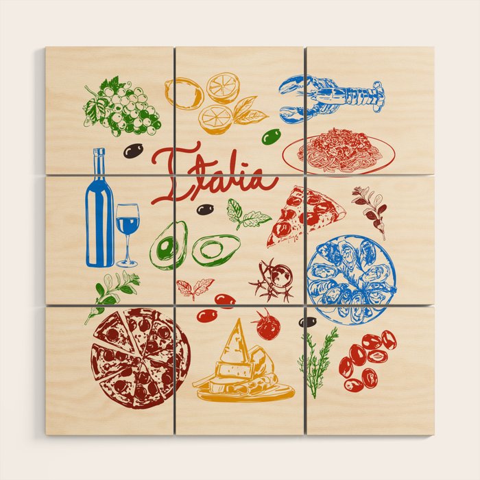 Italy Food Illustration Colorful Handdrawn Mediterranean Cuisine Wood Wall Art Gallery Image 1
