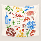 Italy Food Illustration Colorful Handdrawn Mediterranean Cuisine Wall Tapestry Gallery Image 4