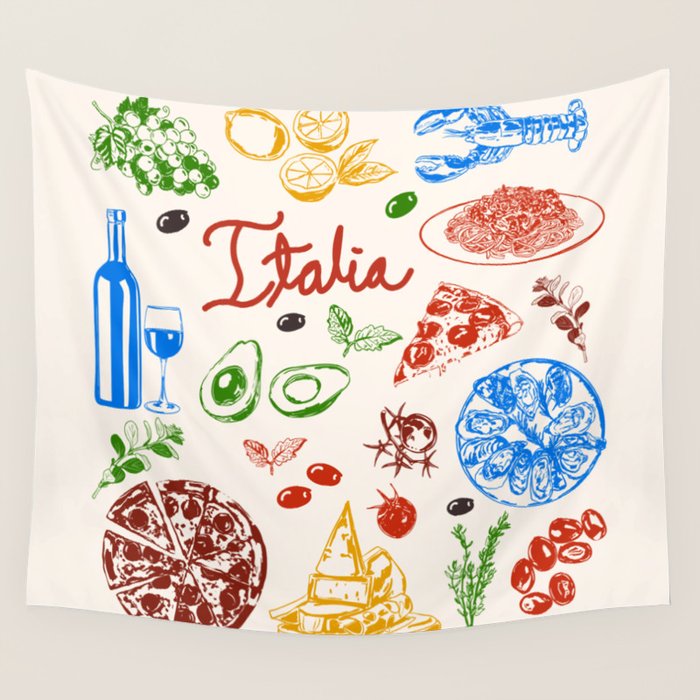 Italy Food Illustration Colorful Handdrawn Mediterranean Cuisine Wall Tapestry Gallery Image 4