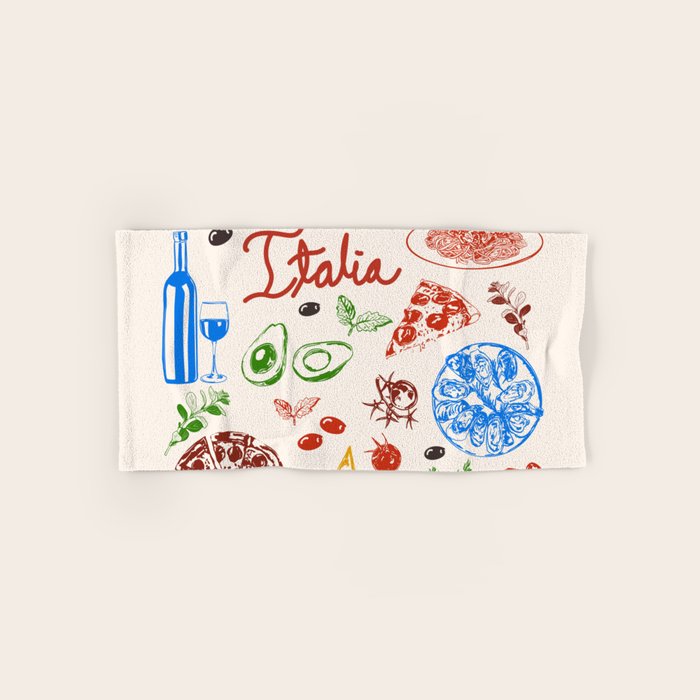 Italy Food Illustration Colorful Handdrawn Mediterranean Cuisine Bath Towel Gallery Image 1