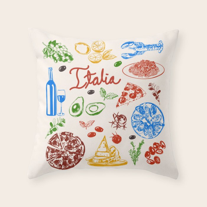 Italy Food Illustration Colorful Handdrawn Mediterranean Cuisine Throw Pillow Gallery Image 6