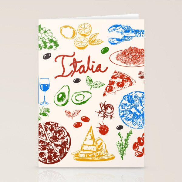 Italy Food Illustration Colorful Handdrawn Mediterranean Cuisine Stationery Card Gallery Image 2