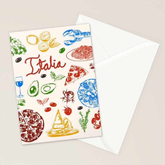 Italy Food Illustration Colorful Handdrawn Mediterranean Cuisine Stationery Card Gallery Image 2