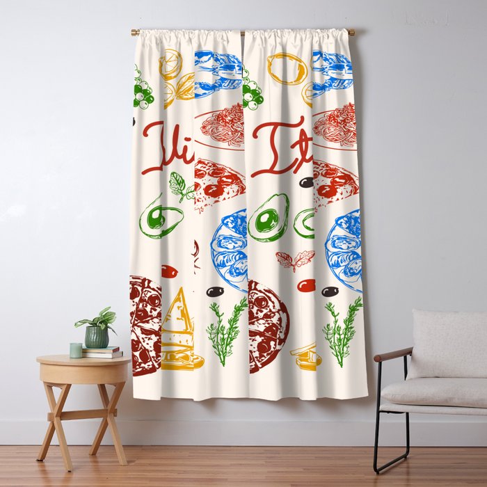 Italy Food Illustration Colorful Handdrawn Mediterranean Cuisine Window Curtain Gallery Image 5
